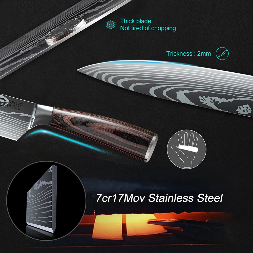 KEPEAK Kitchen Knife Set 7Cr17Mov Stainless Steel Chef Knife Ultra Sharp Santoku Cleaver Utility