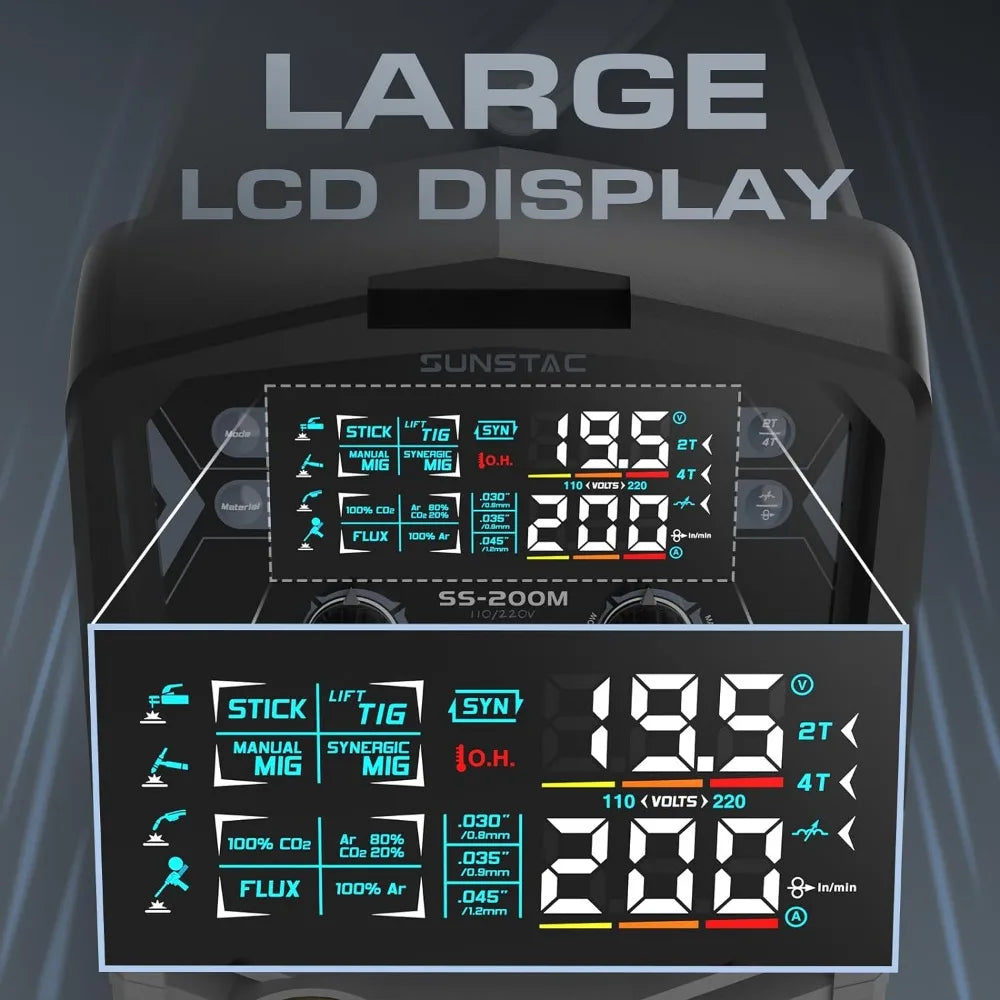 SUNSTAC, 110V/220V Dual Voltage 5 in 1 Multi Aluminum Welding, MIG/Flux MIG/Spool Gun/Stick/Lift TIG