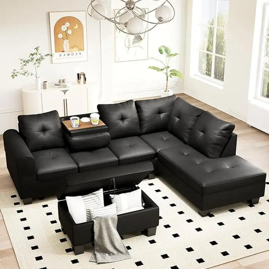 Faux Leather/Linen Fabric Sectional Sofa Couch, Modern L-Shaped Modular Upholstered 3/6 Seaters