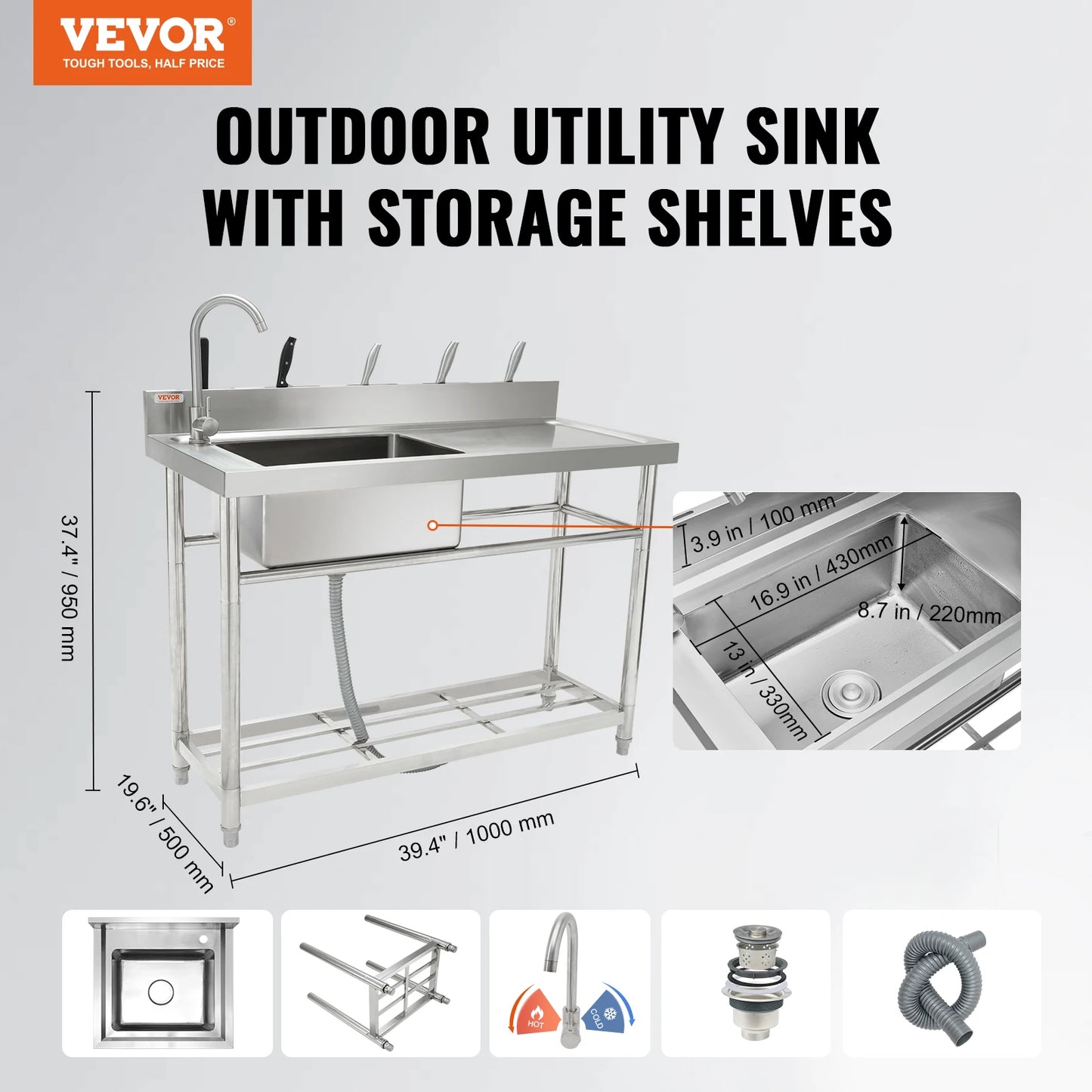 VEVOR Free Standing Stainless-Steel Single Bowl Commercial Restaurant Kitchen Sink Set w/Faucet