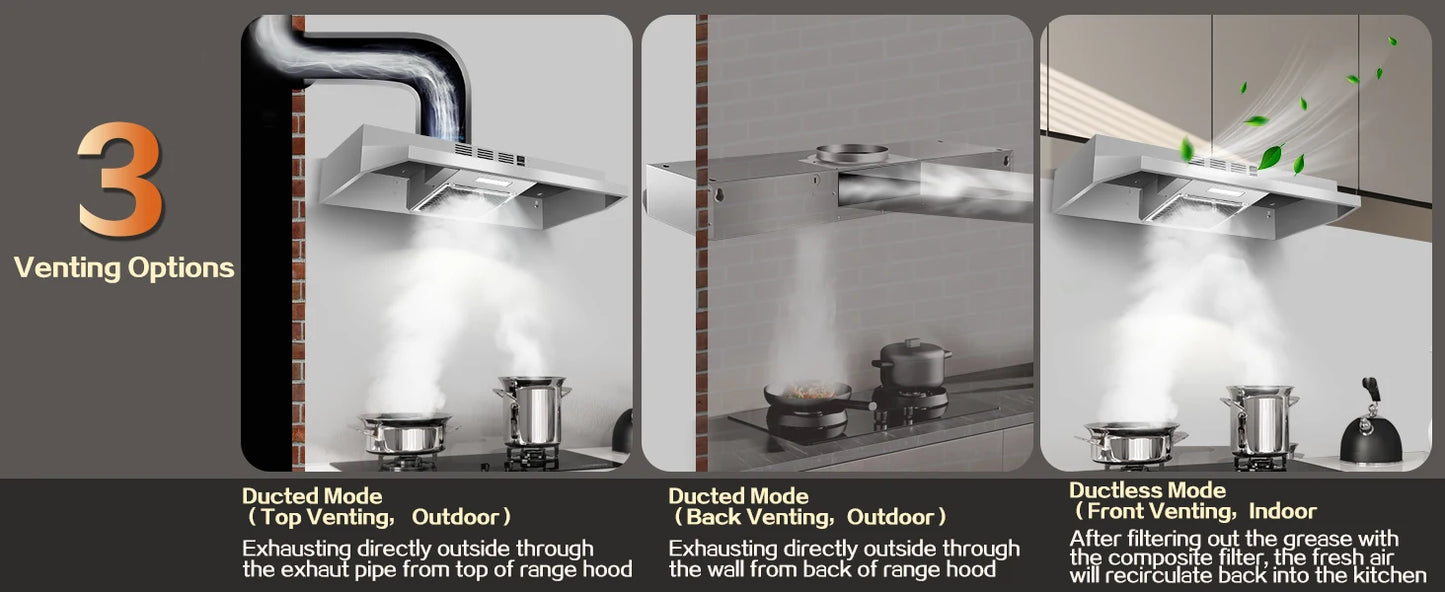 24 inch Under Cabinet 280CFM Black Ducted/Ductless Kitchen Stove Vent with 2 Speed Fan LED Bulb