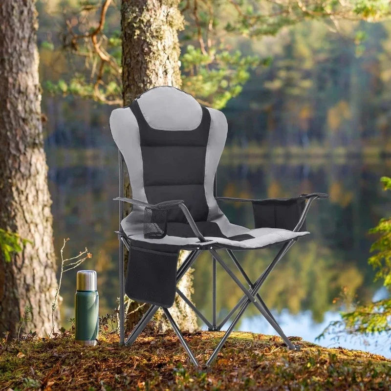 Outdoor Folding Camping Chairs w/ Cup Holder, Cooler Bag, Supports up to 300lbs (2 Pcs, Black)