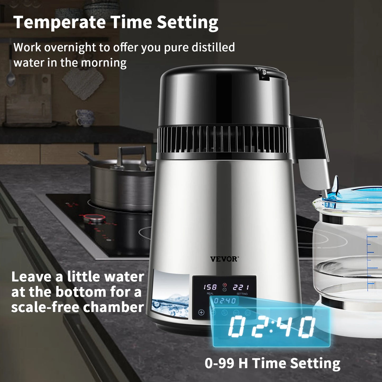 SucceBuy 1.5L/H Distilling Speed 4L Water Distiller Purifier Filter Touch Screen 304 Stainless