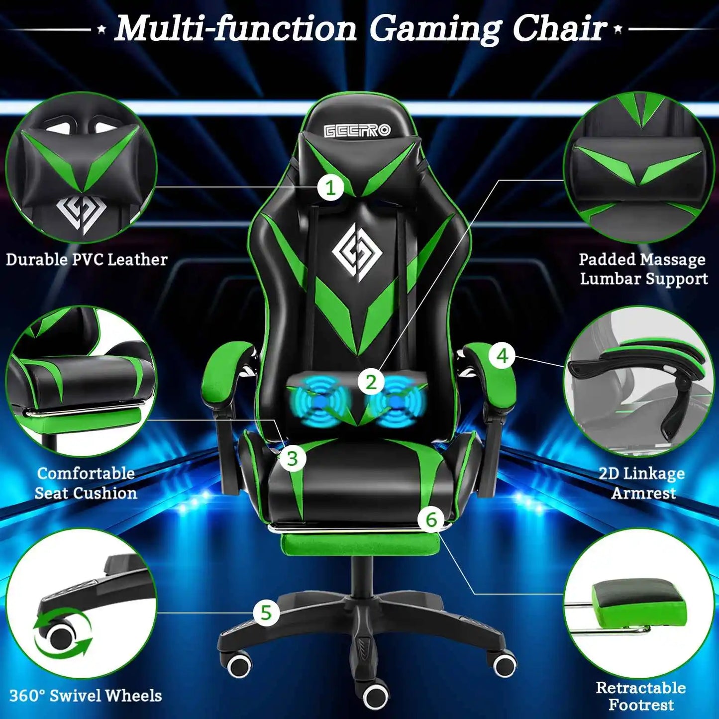 Gaming Chair w/Footrest Computer Desk Chairs Ergonomic Massage Lumbar Cushion Support High Back