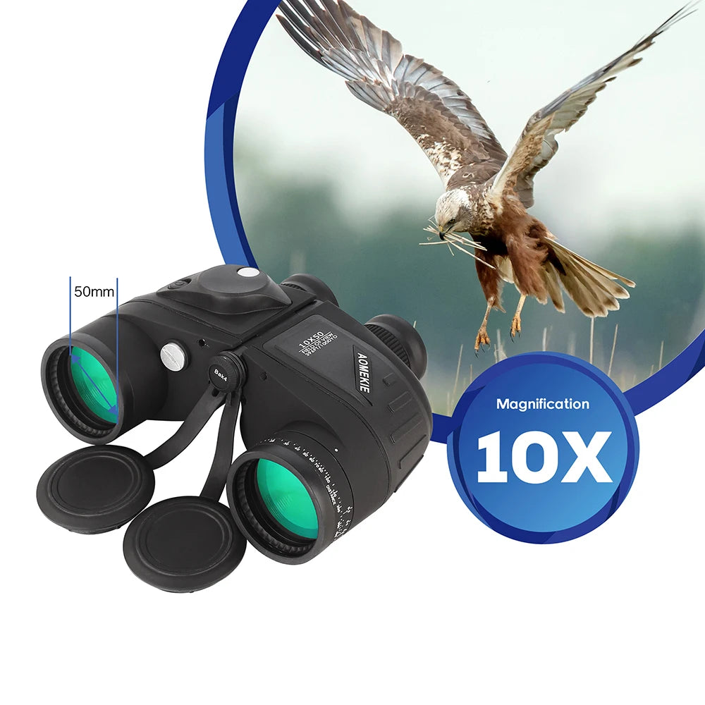 10x50 Binoculars for Adults Marine Military Binoculars Waterproof W/ Rangefinder Compass BAK4