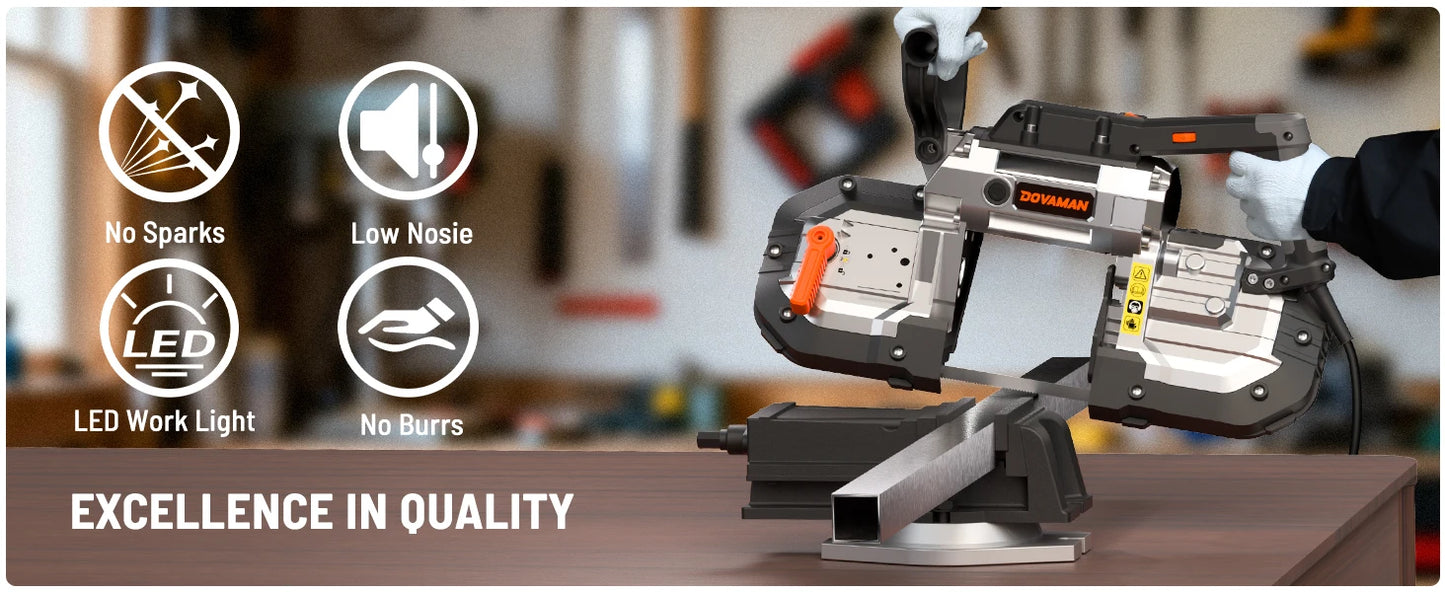 DOVAMAN Portable Band Saw, 10A Corded Handheld, 5" Cut Capacity, 6-Speed, 0°–45° Adjustable