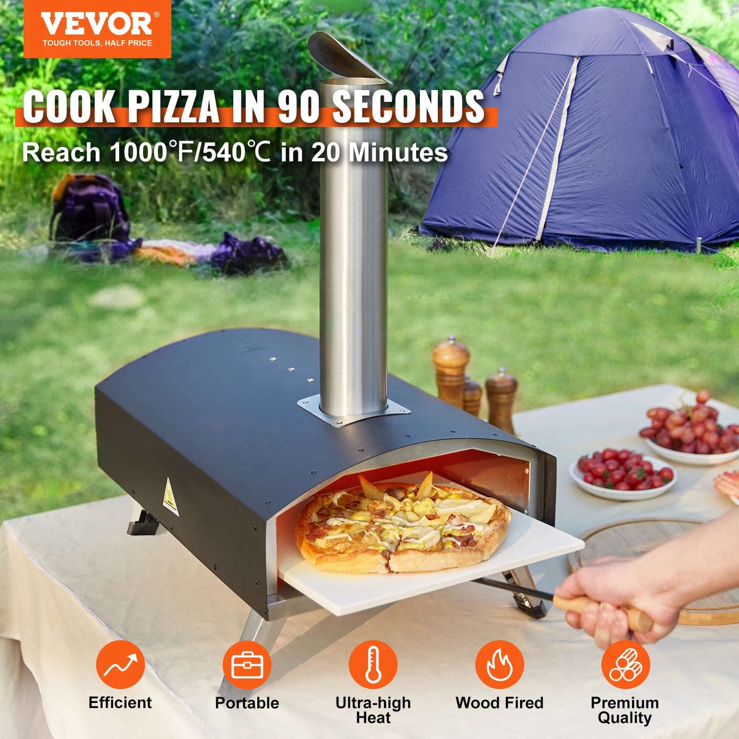 VEVOR 12" Portable Pizza Oven Wood Fired Food Grade Stainless Steel BBQ Picnics Baking Pizza Burner