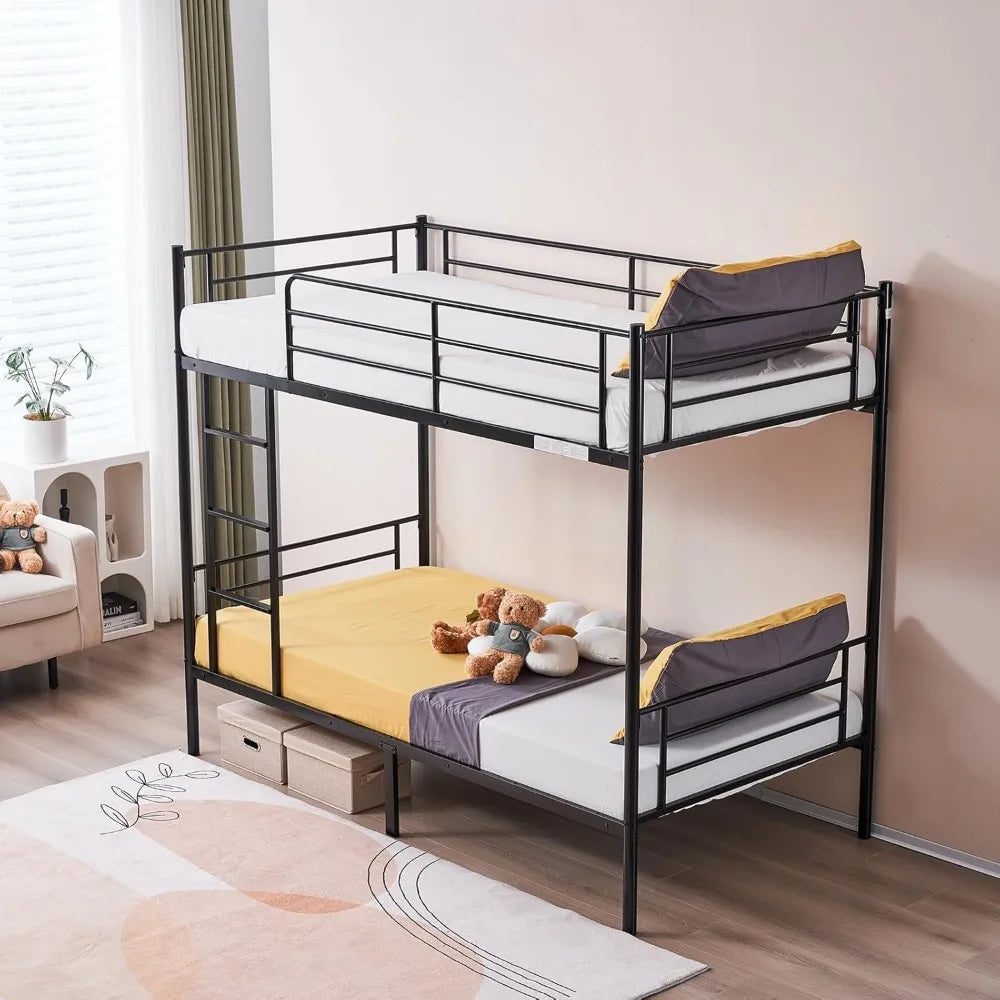 White Bunk Bed Twin Over Twin with 2 Storage Drawers, Metal Bunk Bed with Built-in Ladder