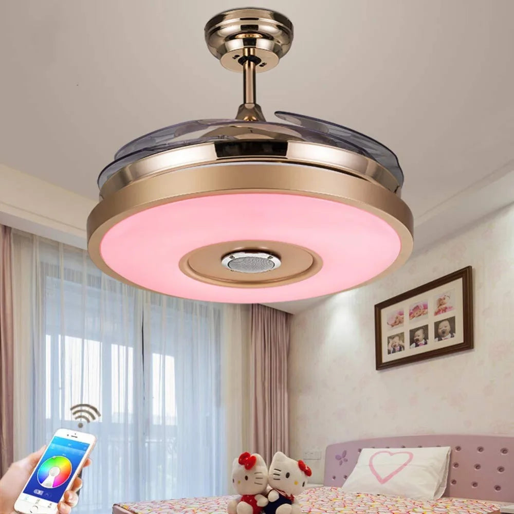 Smart Ceiling Fan/Light, Bluetooth Speaker Chandelier/ Retractable Blades Fandeliers w/Remote