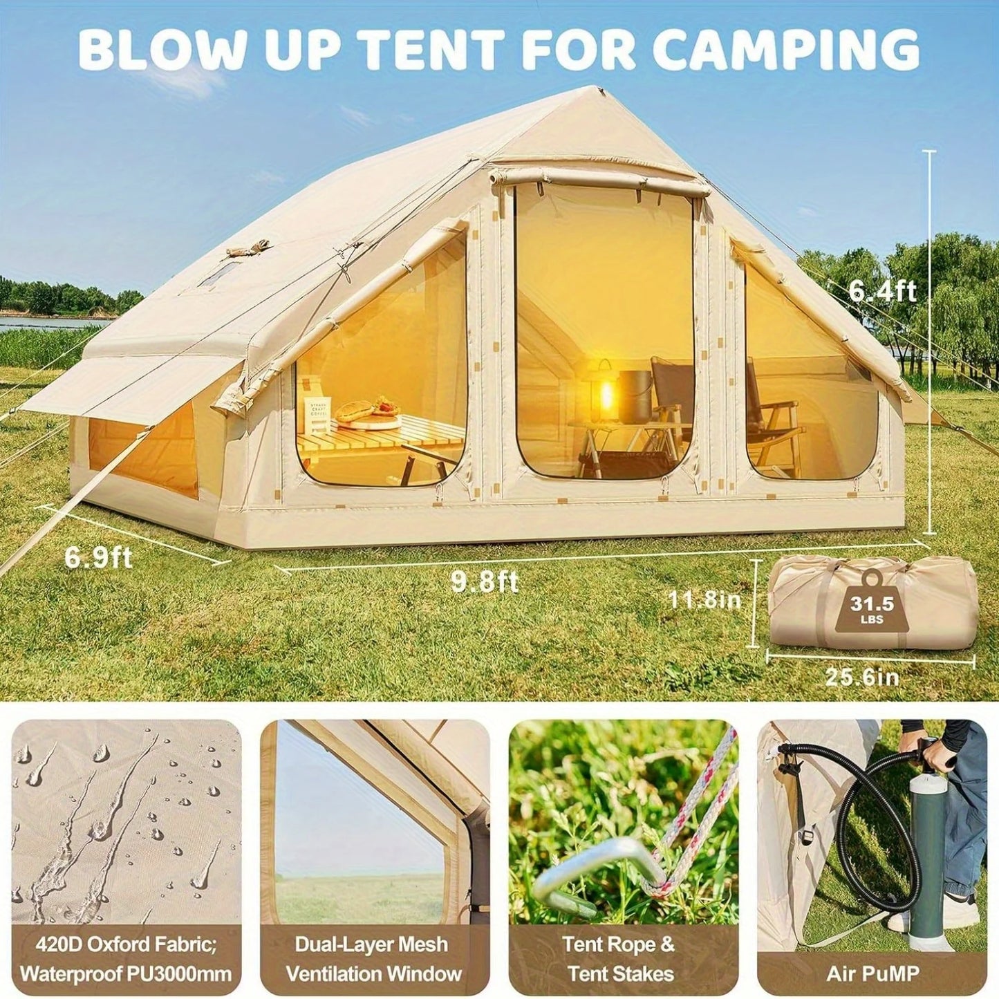 Inflatable tent camping for 1-6 people, hand pump inflation tent, w/skylight and chimney waterproof