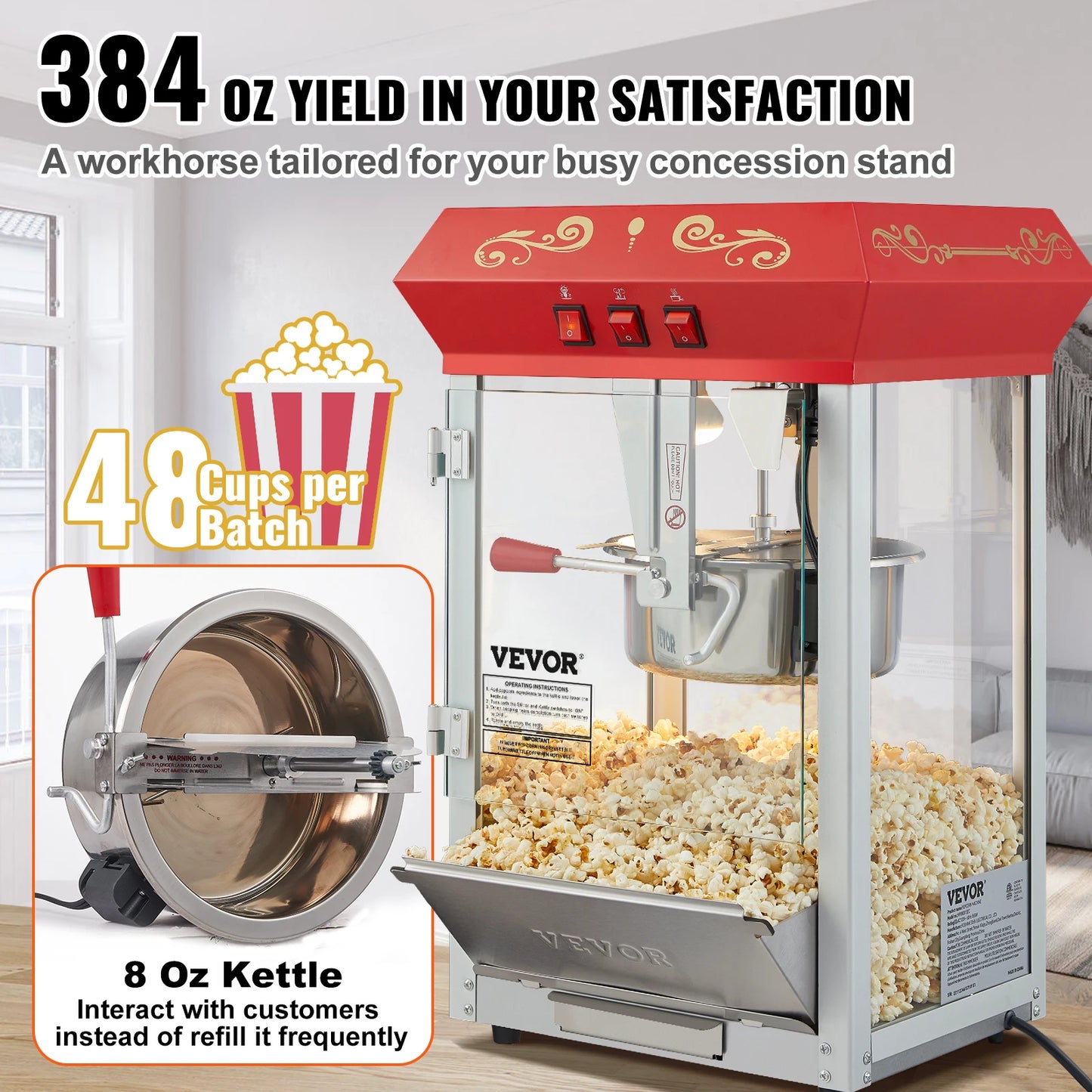 VEVOR Commercial Popcorn Machine, 8/12 Oz Kettle, Countertop,Theater Style Popper w/ 3-Switch, Red