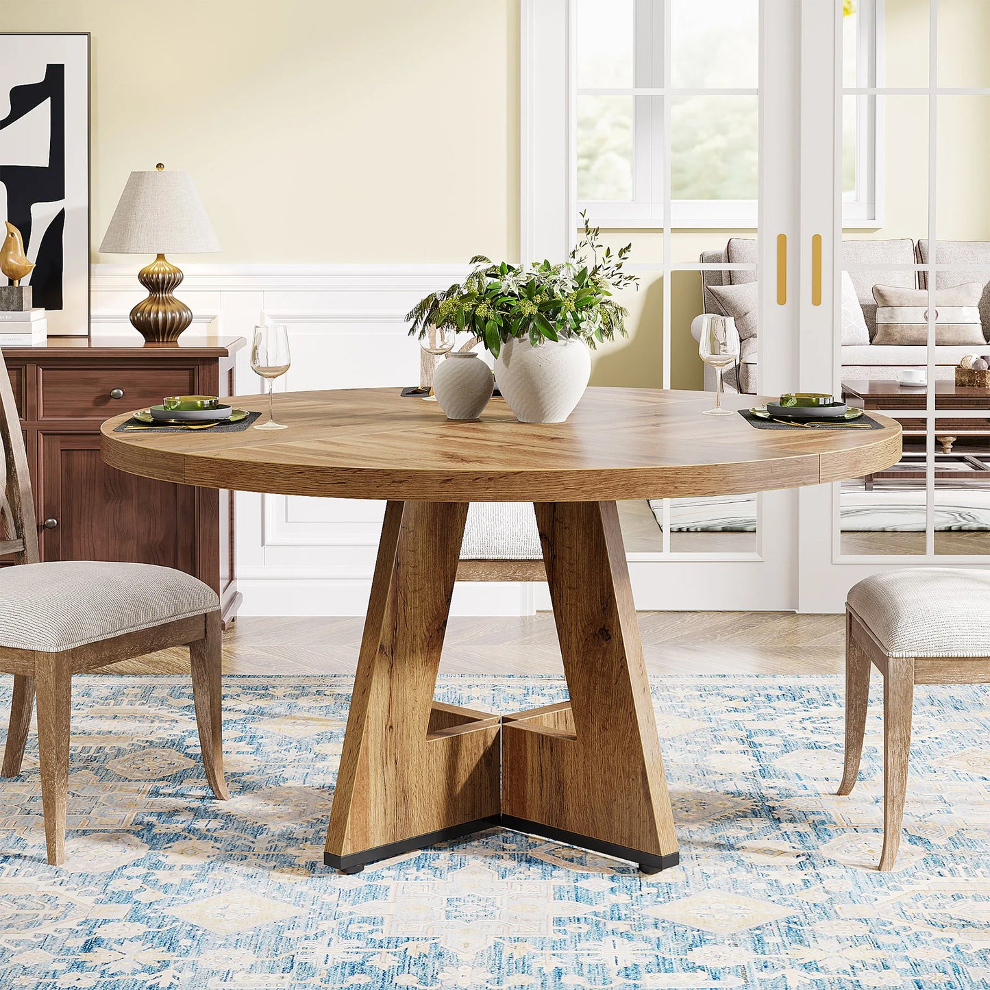 Tribesigns Round Dining Table for 4, 47 Inch Farmhouse Small Dinner Table Kitchen for Dining Room