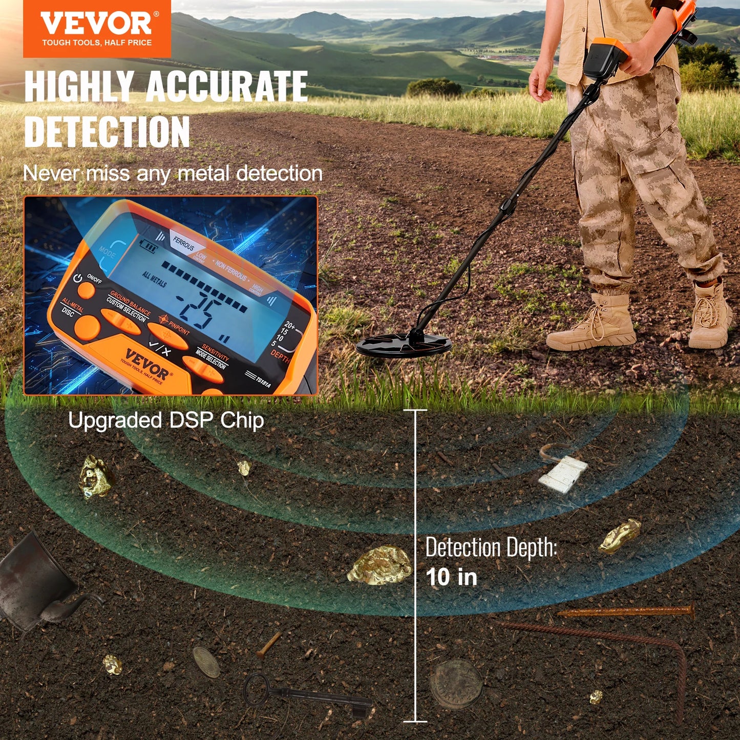 VEVOR Metal Detector for Adults & Kids 10Inch Waterproof Search Coil with LCD Display