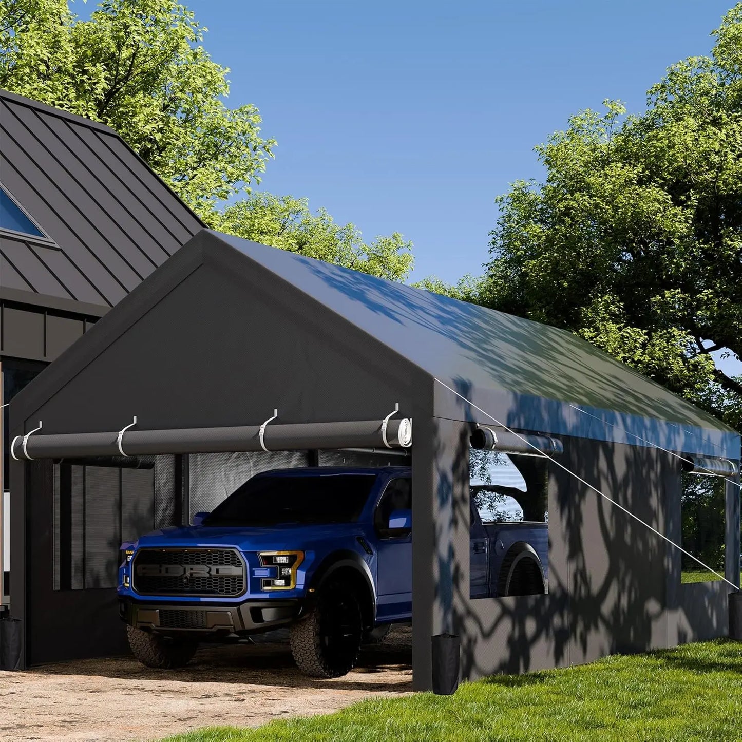 12x20 ft Heavy Duty Carport with Roll-up Windows, Portable Garage with Removable Sidewalls & Door