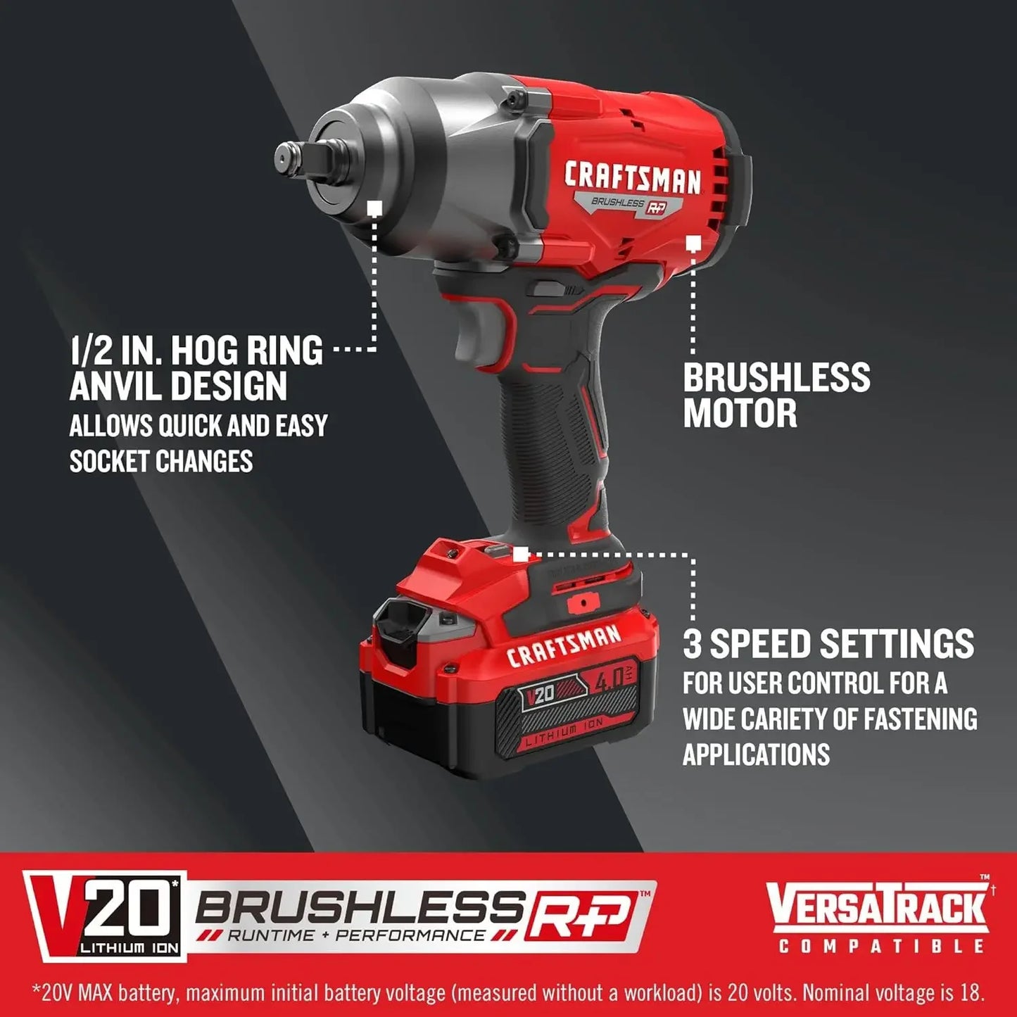 V20 RP Impact Wrench, Cordless, Brushless, High Torque, 1/2 Inch, 4Ah Battery and Charger