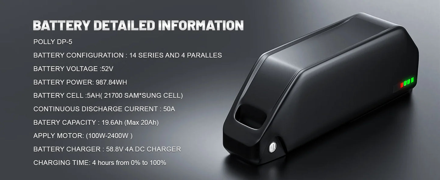 52V 20Ah Hailong EBike Battery  w/40A BMS SamSung 21700 50G Cells Lithium Electric Bicycle