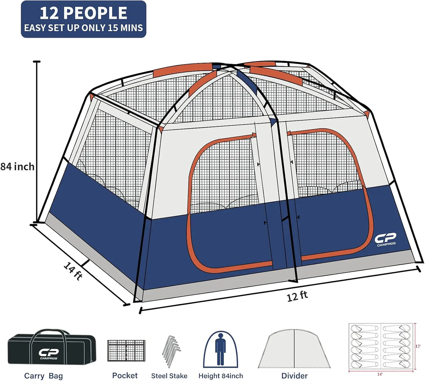 CamPros Tent 12 Person Camping Tents, 2 Room Weather Resistant Family Cabin 6 Large Mesh Windows