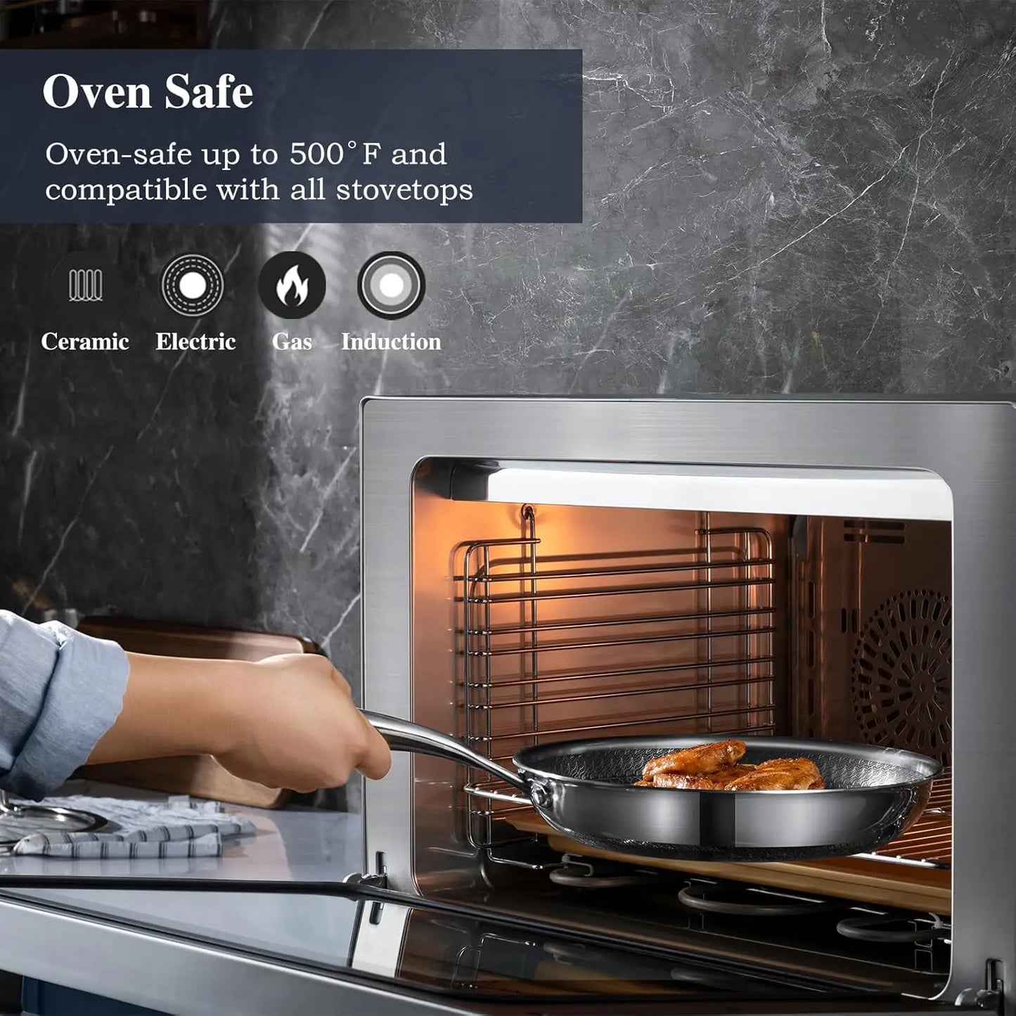 D3 12" Stainless Steel Frying pan W/Lid 3-Ply Stainless Steel Pan Induction Oven Broiler Safe 600F