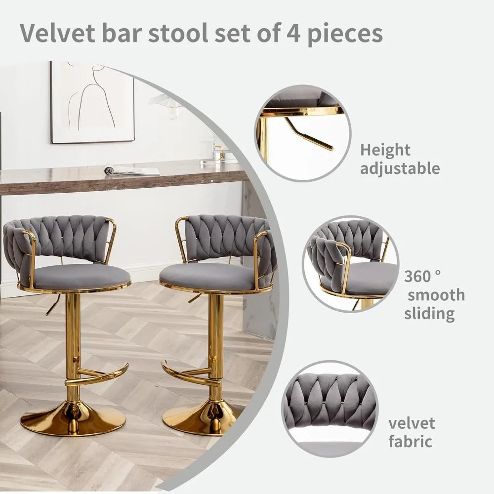 Gold Bar 4 Stools, Counter Height Bar Stools w/Low Back, Velvet Adjustable Height Barstool 360°