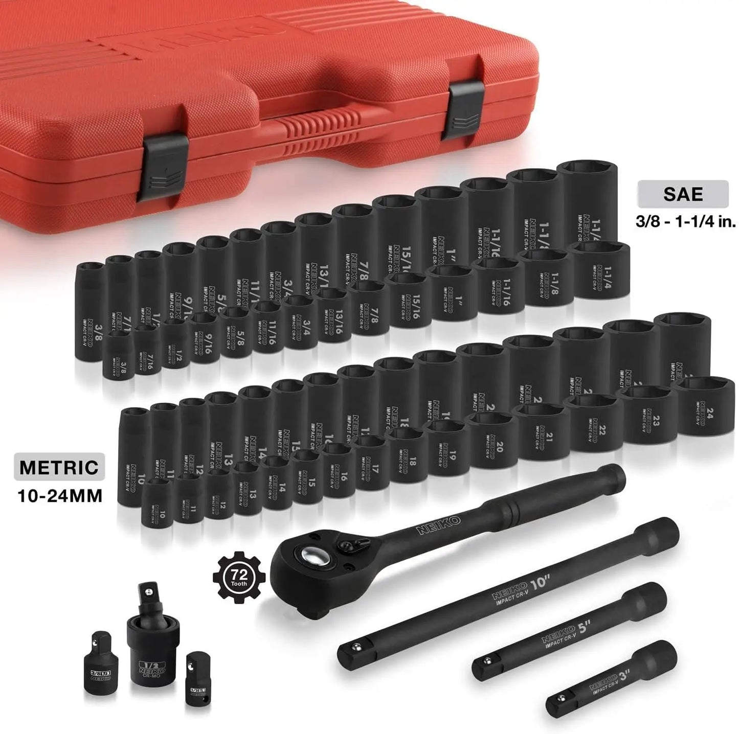 NEIKO 02448A 1/2" Drive Master Impact Set, 65 Piece, Standard SAE (3/8"-1-1/4") & Metric (10-24 mm)