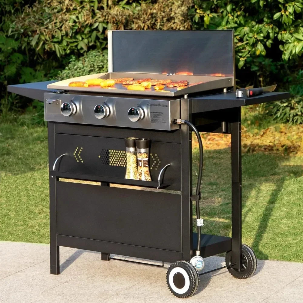 BBQ Grill Flat Top Gas Griddle Grills With Lid 3-Burner Propane BBQ Grills Outdoor Cooking Station