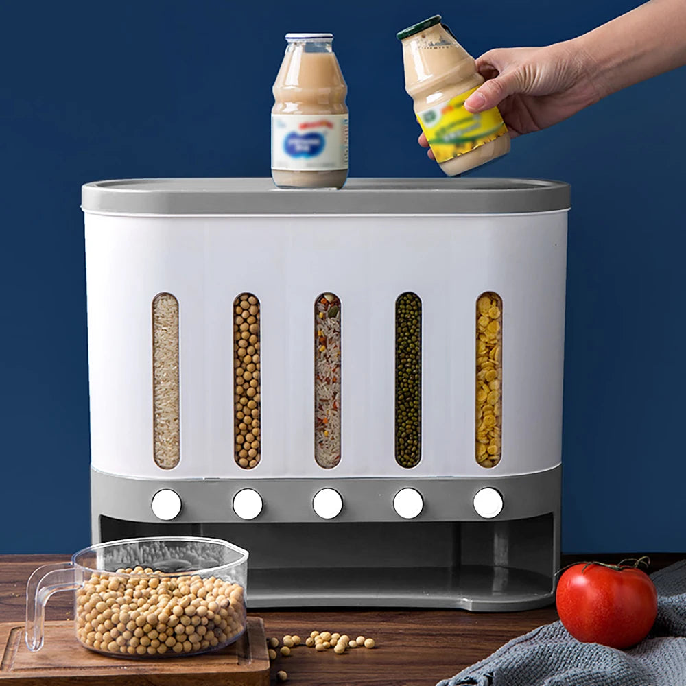 Wall Mounted Dry Food Cereal Dispenser 5 Grid 10L Storage Free Control Of Output Box, Kitchen