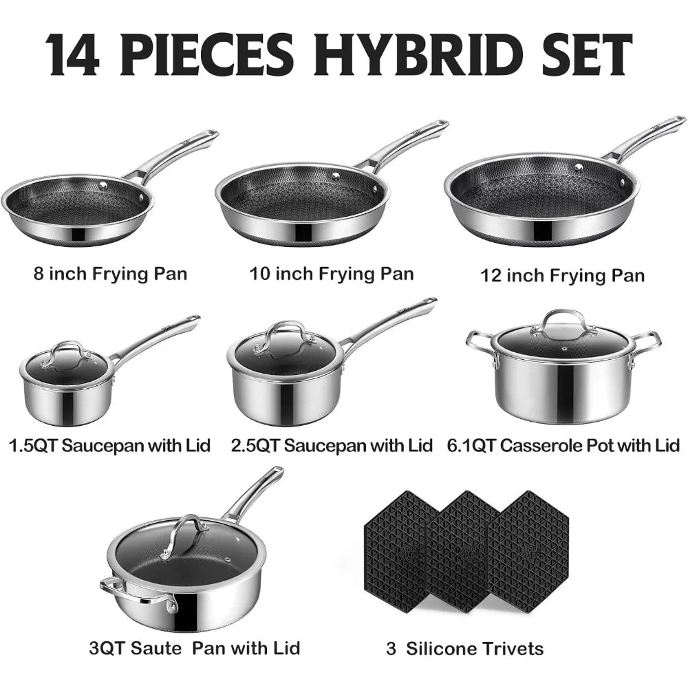 SNOWCLAD Pots and Pans Set Non Stick, 14 Pcs Hybrid Stainless Steel Cookware Frying Pans, Saucepans
