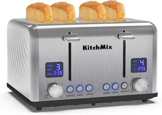 KITCHMIX Toaster 4 Slice, Bagel Stainless LCD Timer, Extra Wide Slots, Dual Screen,Crumb Tray