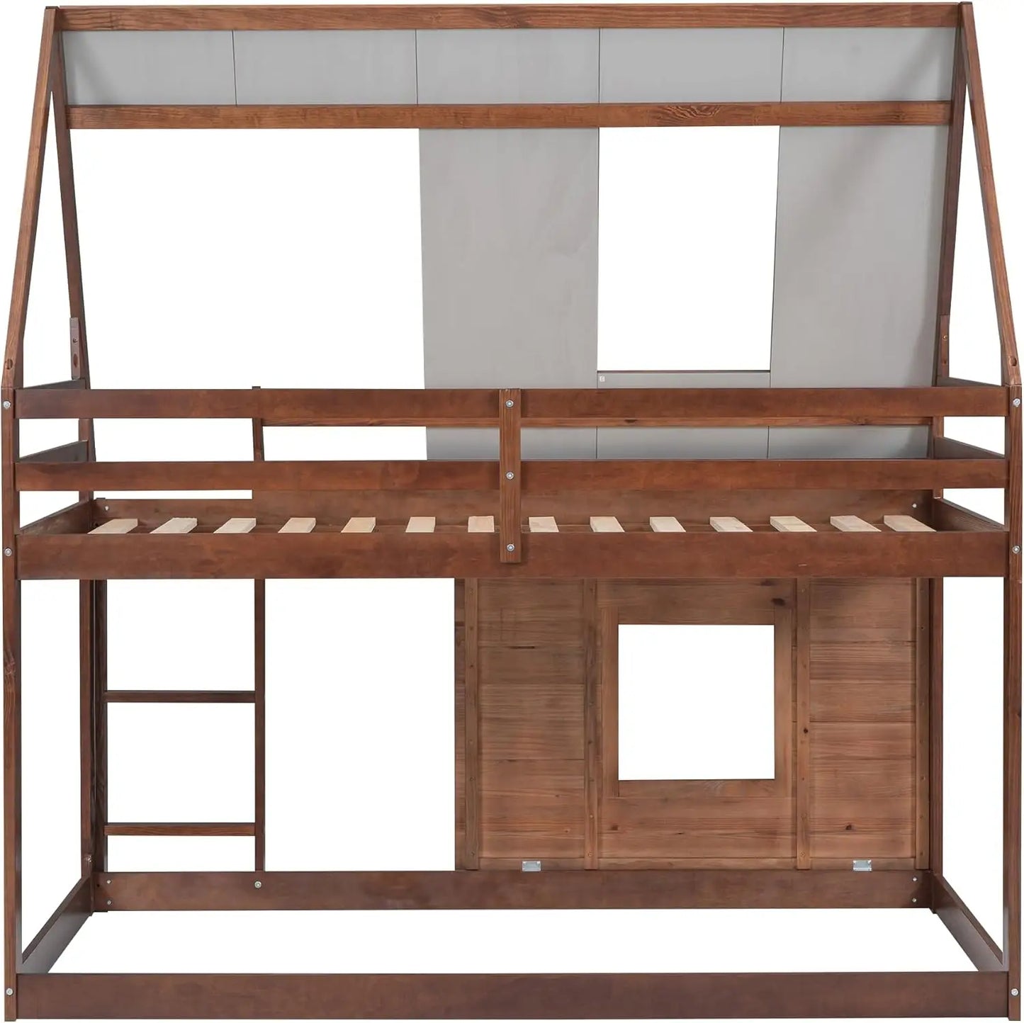 Twin Over Twin Bunk Bed Wood Frame House Shaped with Roof,Ladder and 2 Windows