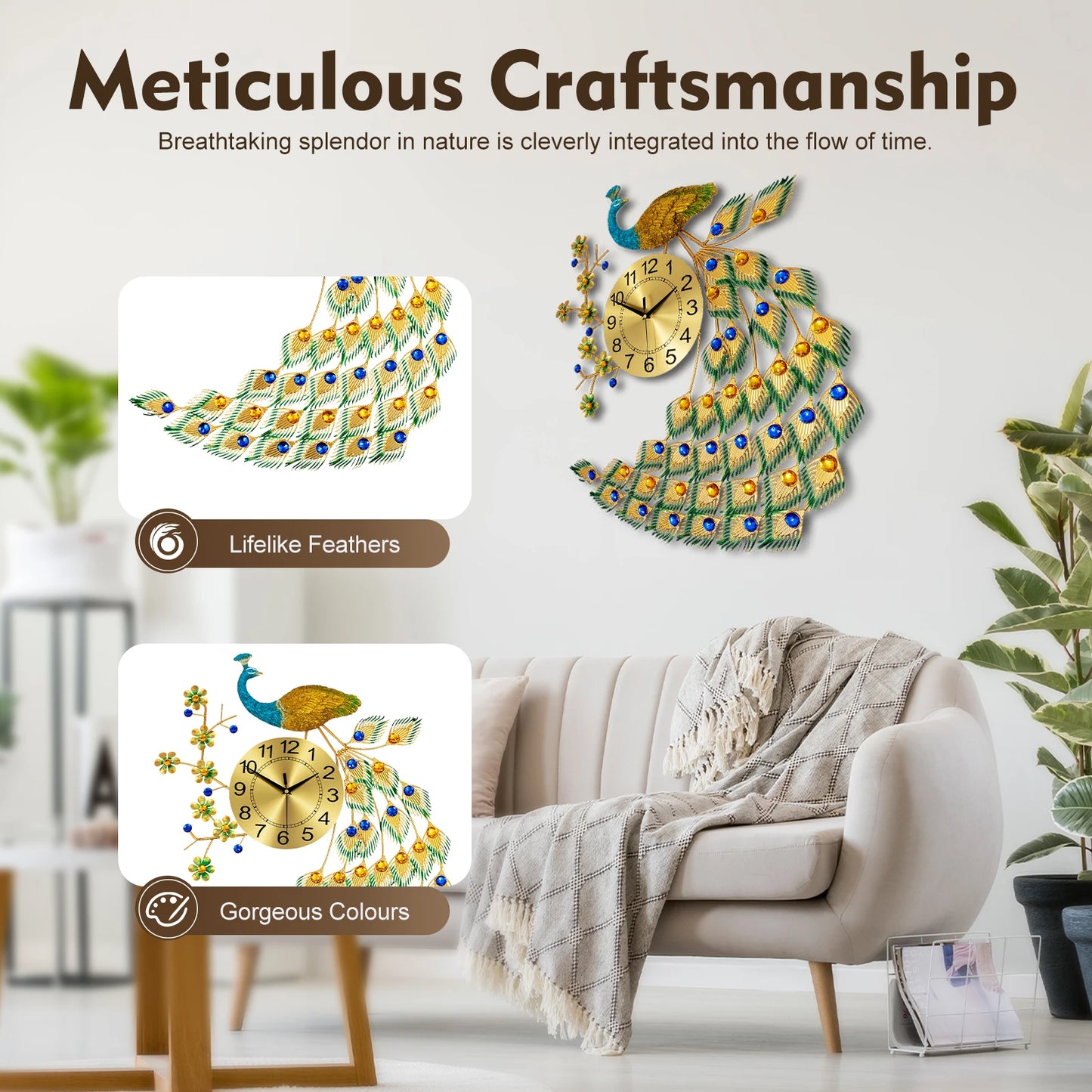 Peacock Wall Clock, Modern Gold & Blue Design, 65*75cm Size, Wall-Mounted Analog Clock with Numbers