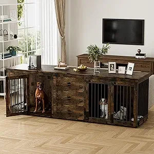 94.5" Large Dog Crate Furniture/2 Dogs, Double Wooden Dog Kennel Furniture/4 Dog Bowls & 3 Drawers