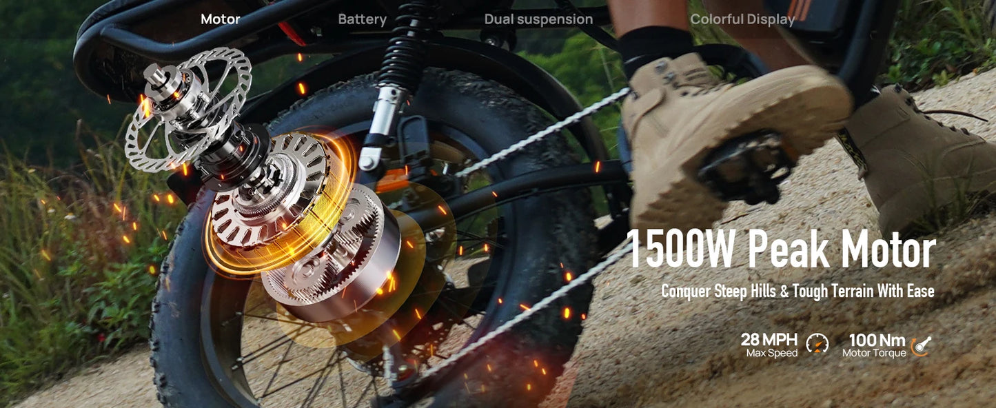 Peak 1500W Electric Mountain Bike w/48V 15.6Ah Removable Battery/28MPH 100 Mile Range, 20" X 4" Tire