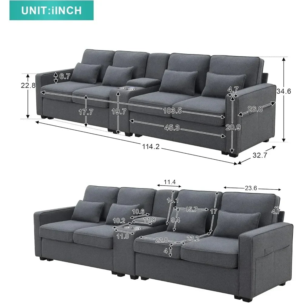 Upholstered Sectional Sofa with Console, 2 Cup Holders & 2 USB Ports & Wirelessly Charged, Modern