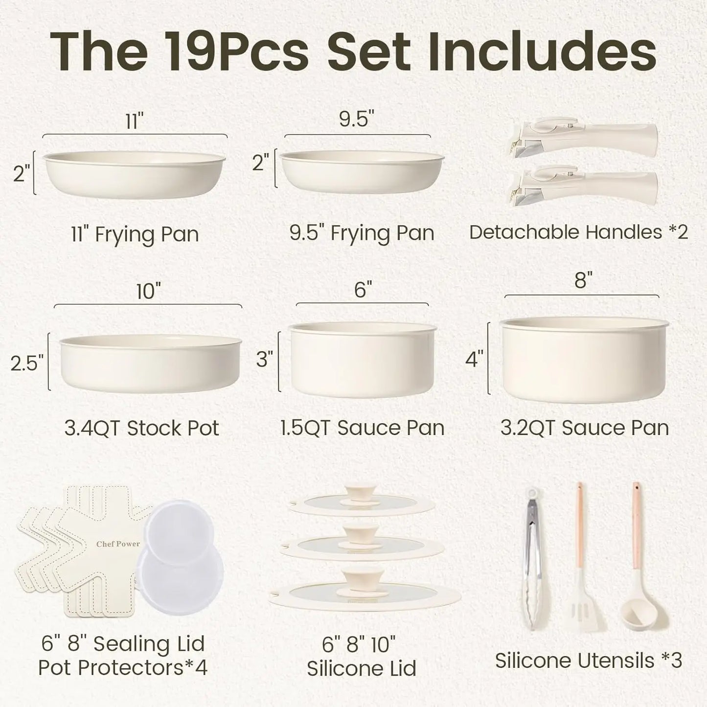 19-Piece Ceramic Nonstick Cookware Set with Detachable Handles, PFAS-Free, Induction & Oven Safe