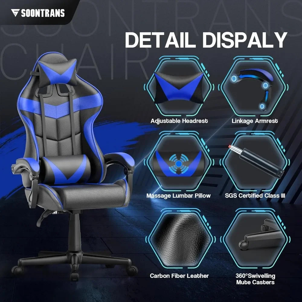 Blue Gaming Chairs w/Massage,Ergonomic Game Chair w/Adjustable Headrest and Lumbar Support