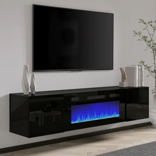 Floating TV Stand w/ 36" Electric Fireplace,High Gloss Finish Wall Mounted Entertainment Center