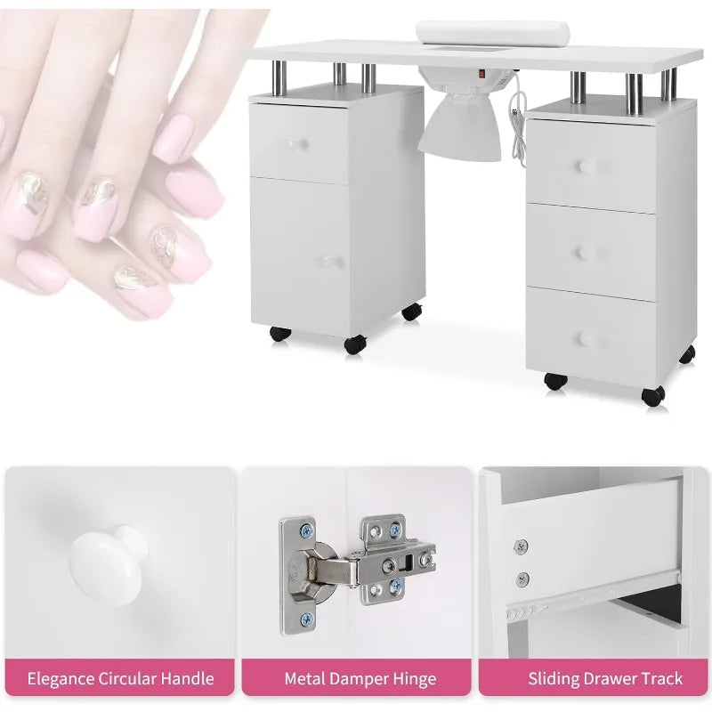 Manicure Table Desk for Tech, Table Station w/Electric Dust Collector, Makeup Storage