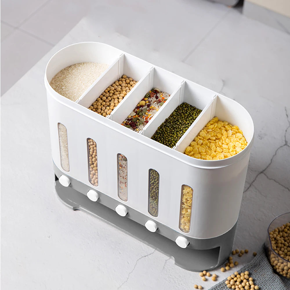 Wall Mounted Dry Food Cereal Dispenser 5 Grid 10L Storage Free Control Of Output Box, Kitchen