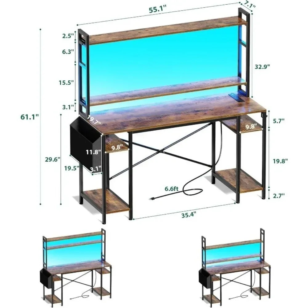 55 inch Computer Desk with Adjustable Shelves, Gaming Desk with LED Lights & Power Outlets, Home Office Desk with Monitor Stand