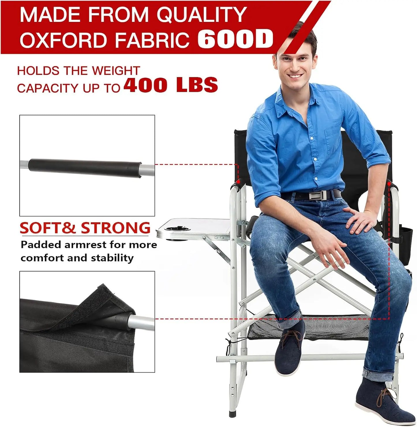 Tall Directors Chair For Makeup Artist Foldable Portable Client Chair With Side Table Cup Holder