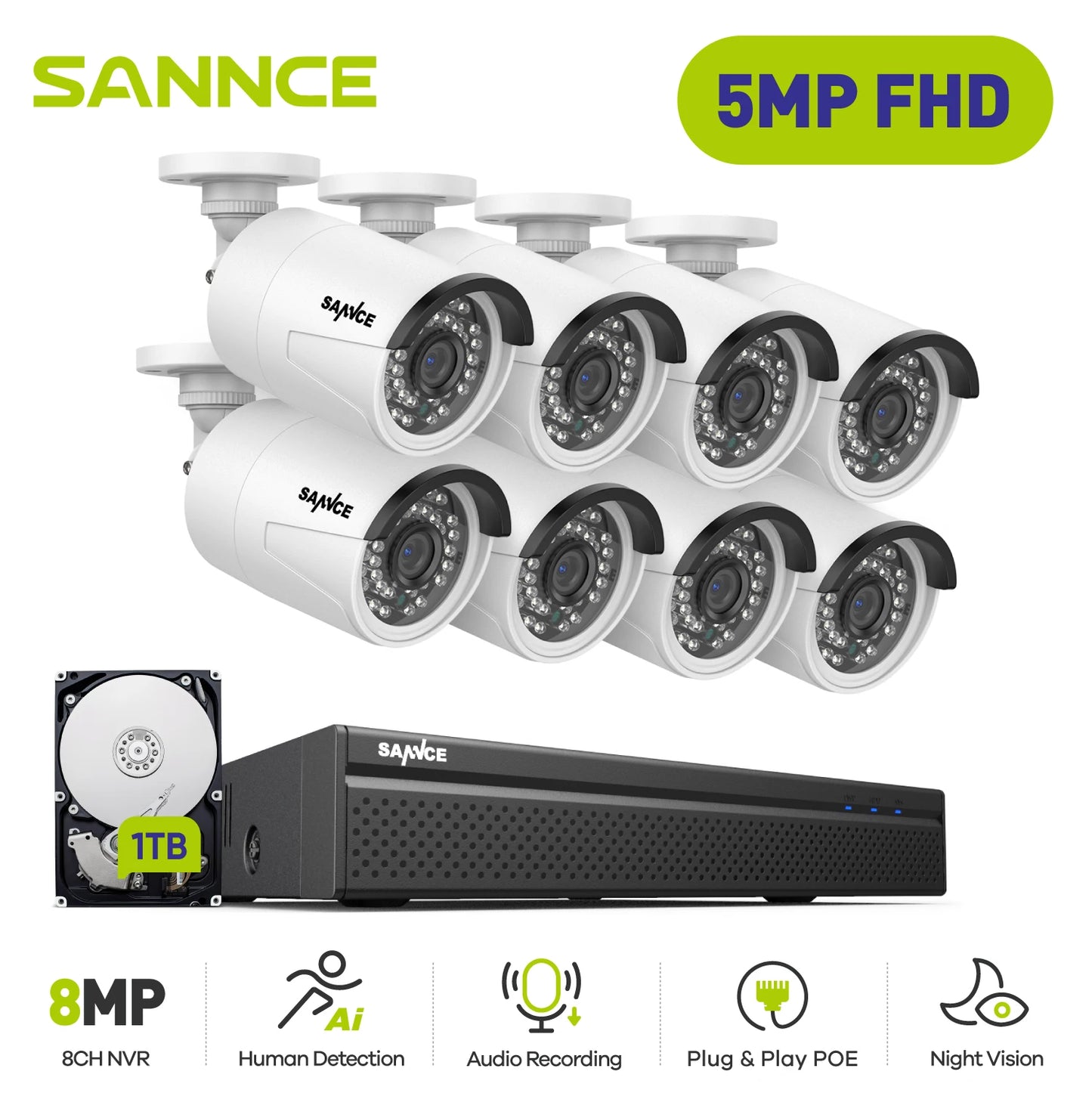 SANNCE 5MP Outdoor 8MP NVR IR Night Vision Waterproof POE Video Security Protection Cameras CCTV Kit