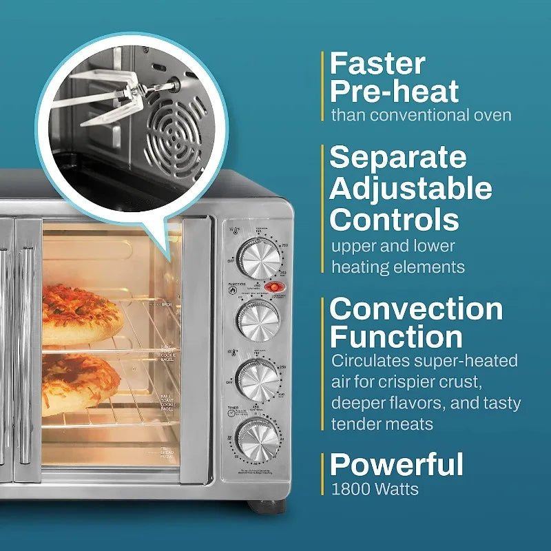 Elite Gourmet ETO4510B# French Door 47.5Qt, 18-Slice Convection Oven 4-Control Knobs