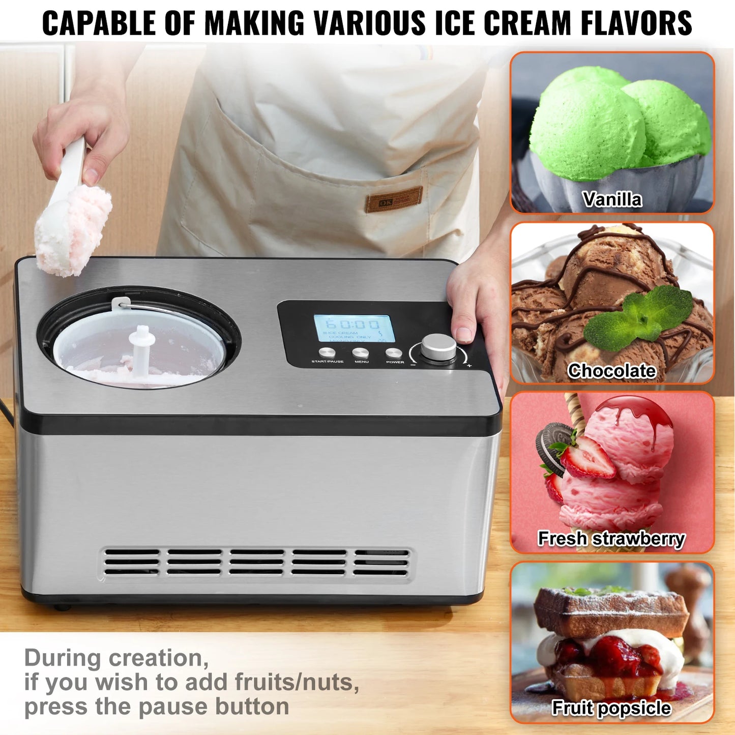 SucceBuy Automatic Ice Cream Maker with Built-in Compressor 2 Quart No Pre-freezing Fruit Yogurt