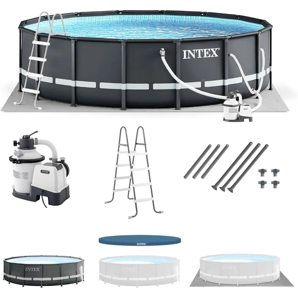 Frame Round Above Ground Outdoor Swimming Pool Set with Sand Filter Pump, Ladder, Ground Cloth