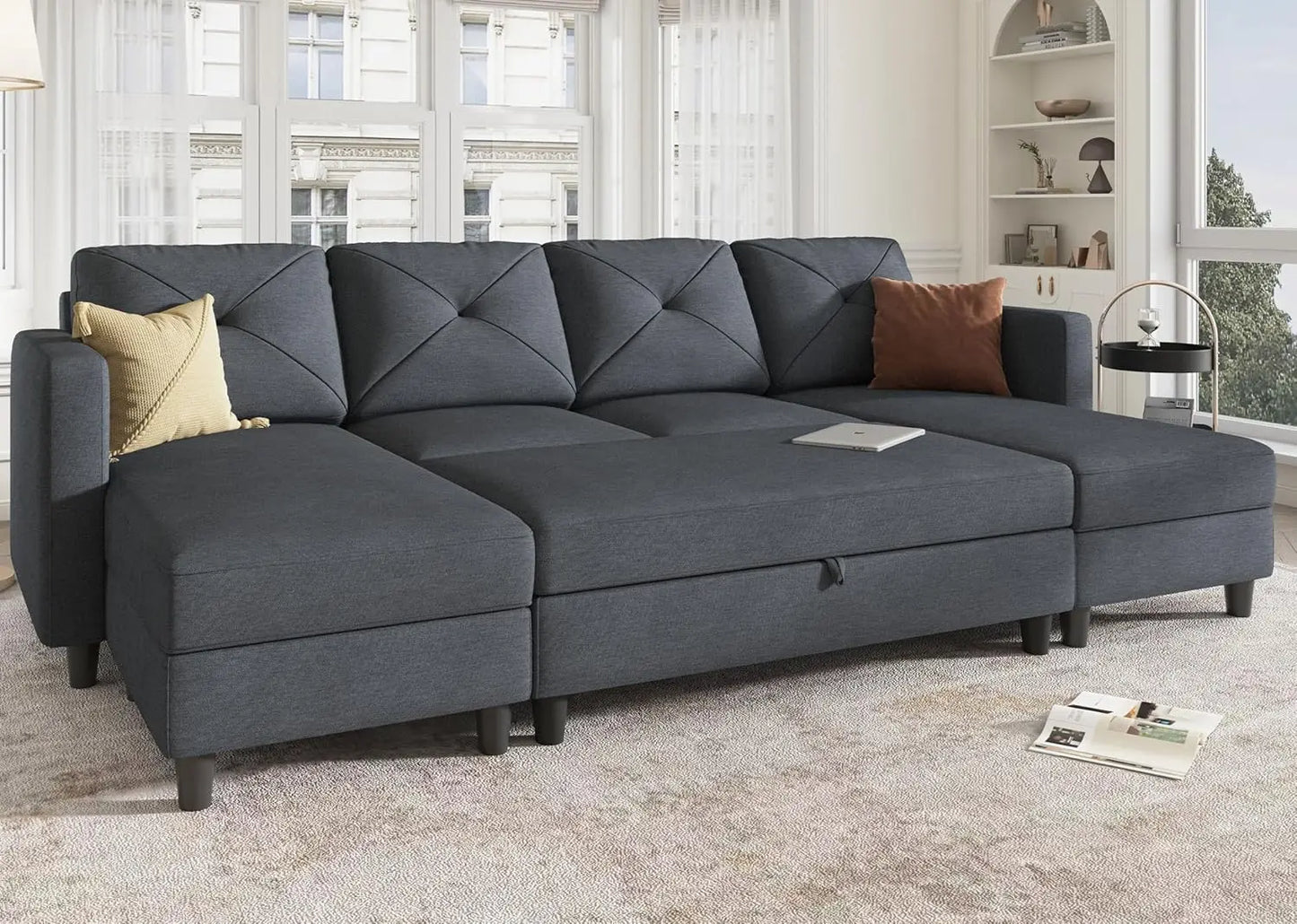 Sectional Sleeper Sofa U Shaped Couch with Storage Ottoman for Living Room Bluish Grey