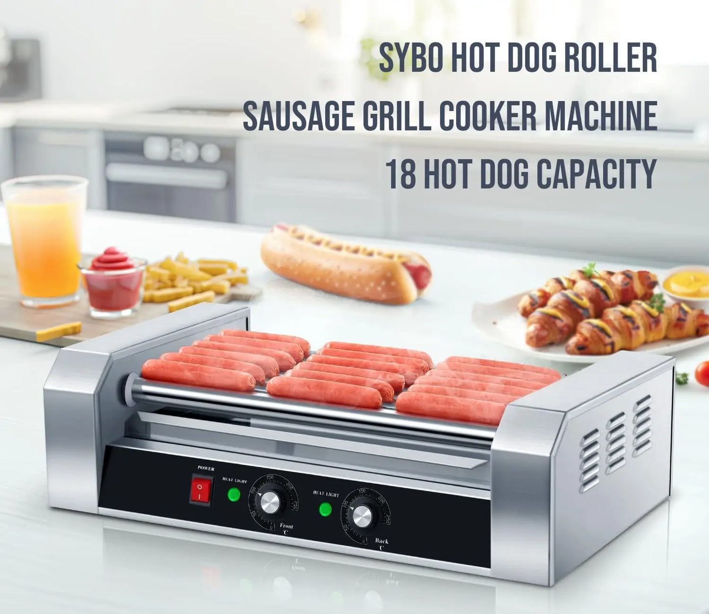 SYBO Hot Dog Roller, 18 Hot Dog 7 Roller Grill Cooker Machine w/Stainless Steel Drip Tray, 1000-Watts