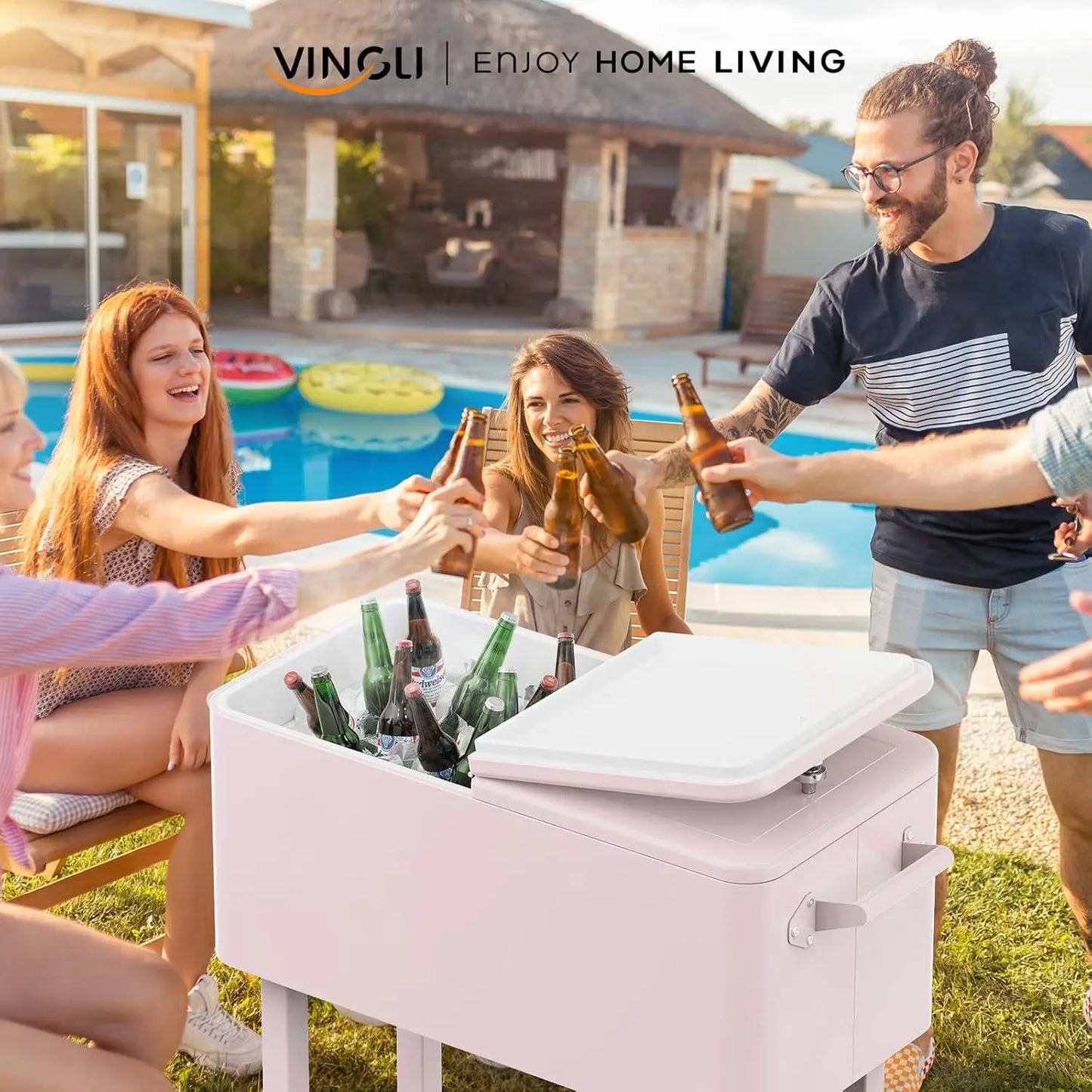 VINGLI 80 Quart Rolling Ice Chest, Portable Patio Party Bar Drink Cooler Cart,w/Shelf, Bottle Opener