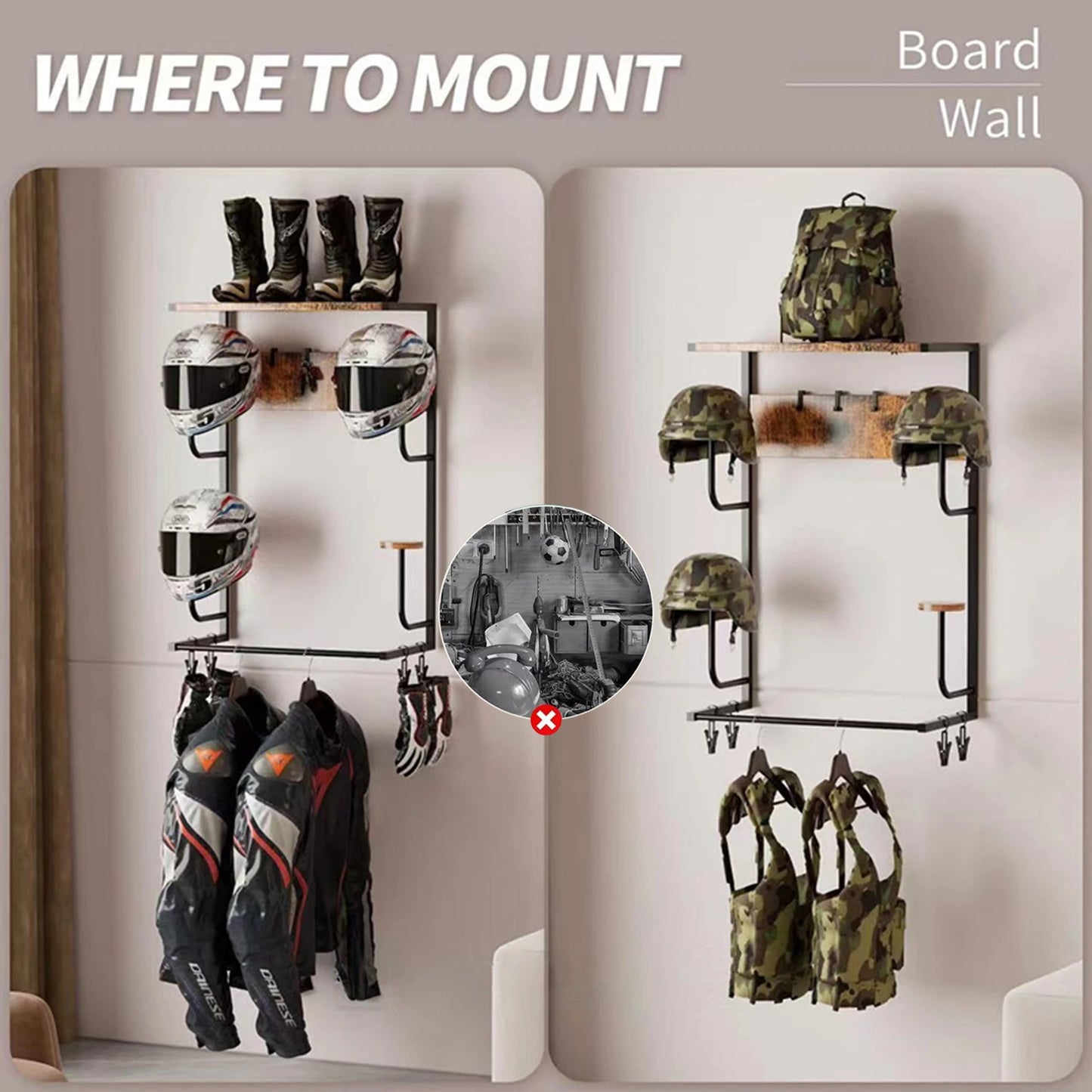 Motorcycle Helmet Holder, Wall-Mounted Rack W/4 Glove Chips & Hooks, Bike Helmets Storage Organizer