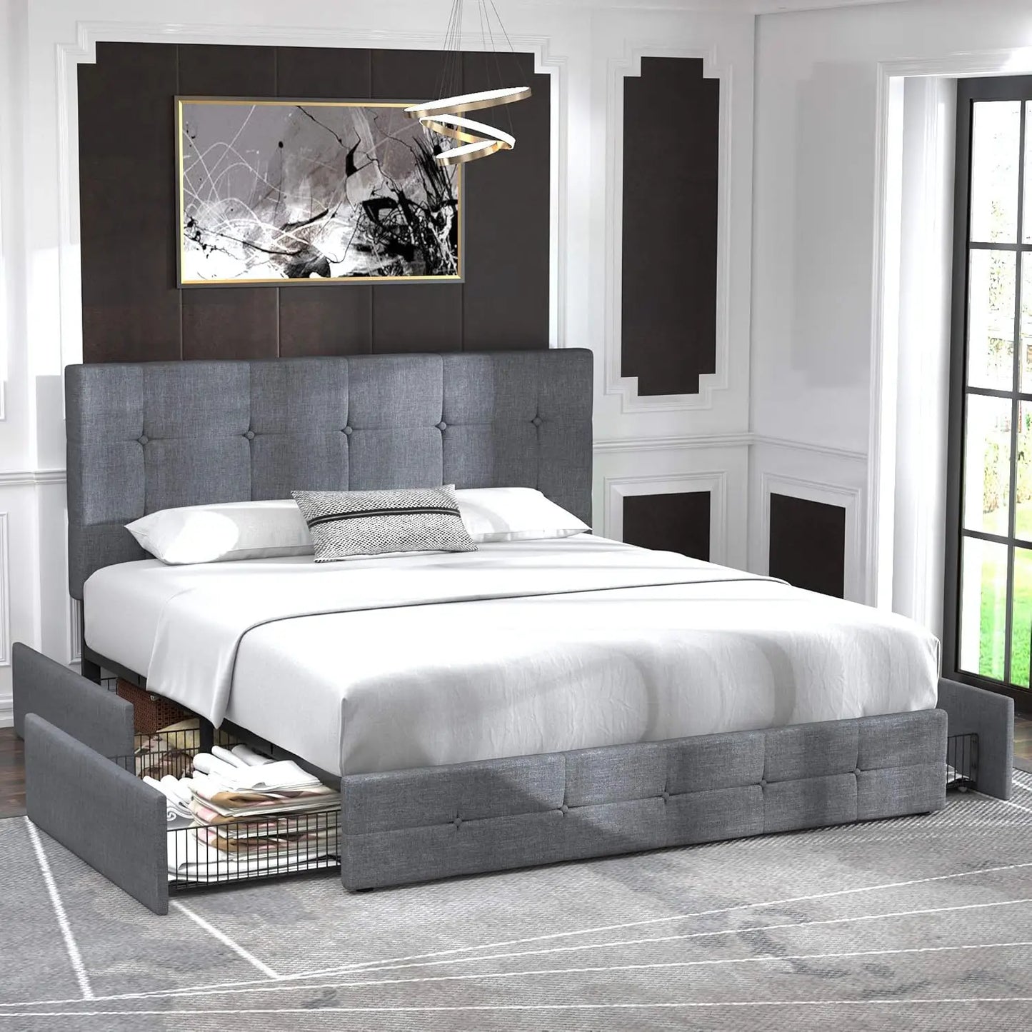 Upholstered Queen Size Platform Bed Frame w/Drawers & Headboard/Square Stitched Button Tufted