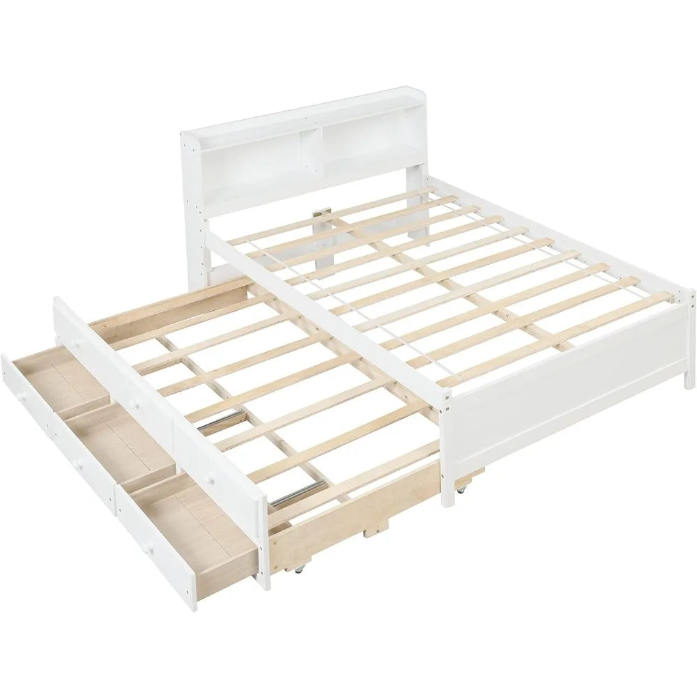 Full Size Bed Frame with Bookcase Headboard,Captain’s Bed Full Trundle Bed with Storage